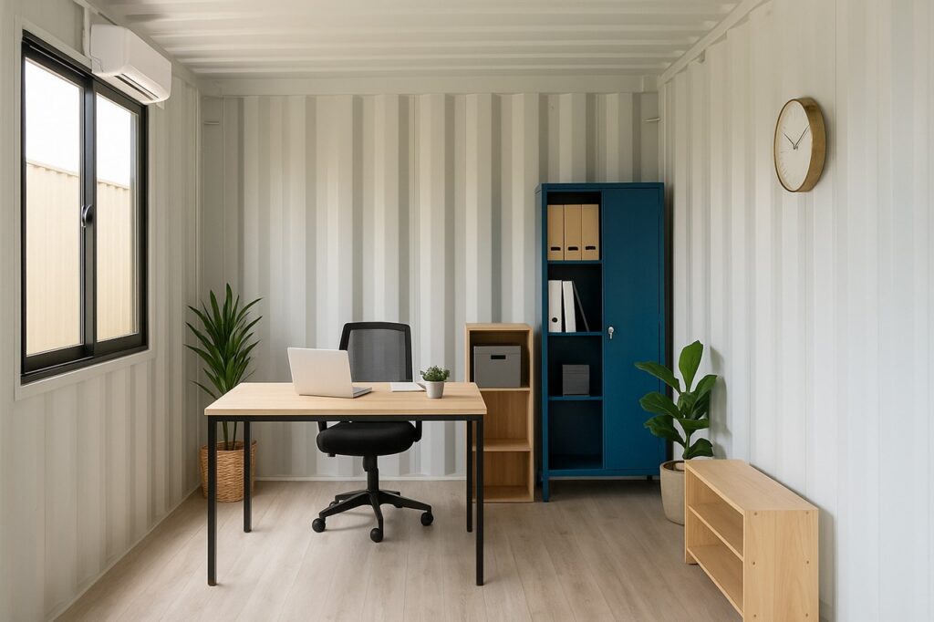 Interior of a neatly organized shipping container office with a minimalist desk, laptop, indoor plants, and vertical storage cabinets under natural light.