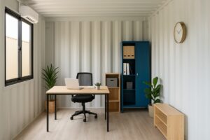Interior of a neatly organized shipping container office with a minimalist desk, laptop, indoor plants, and vertical storage cabinets under natural light.