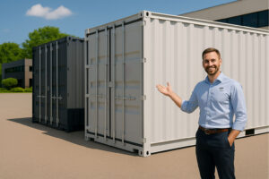 Business professional demonstrating container rental options with portable storage units in various sizes on a company lot
